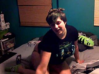 A busty amateur with pierced nipples strips on webcam.