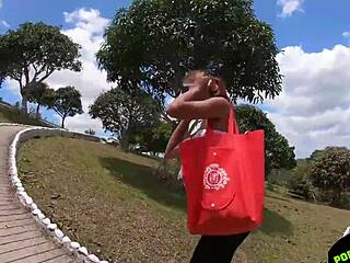 Asian couple's public fucking nearly caught, pretty tits and ass exposed outdoors