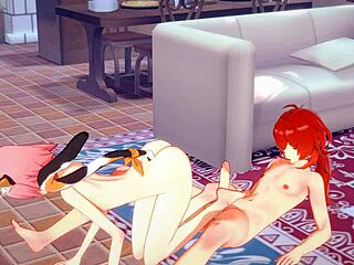 Diluc and Diona engage in intense footjob and ass rubbing until he cums in Genshin hentai.