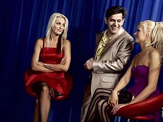 blonde milf strippers with fake tits get aroused for group sex ending in facial