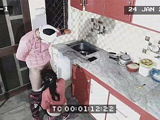 Owner catches maid giving blowjob and getting fucked doggystyle in kitchen