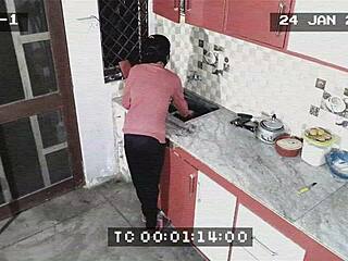 Owner catches maid giving blowjob and getting fucked doggystyle in kitchen