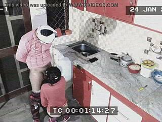 Owner catches maid giving blowjob and getting fucked doggystyle in kitchen