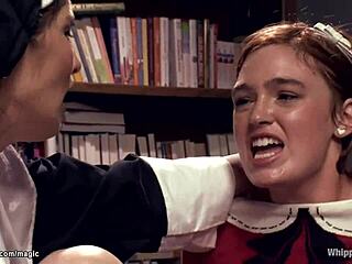 Coeds bound and punished by strict nun with huge cock