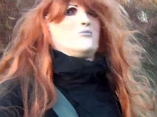 the redhead amateur broke her mask while walking in the public park with boots on