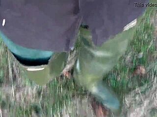 the redhead amateur broke her mask while walking in the public park with boots on