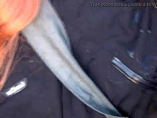 the redhead amateur broke her mask while walking in the public park with boots on