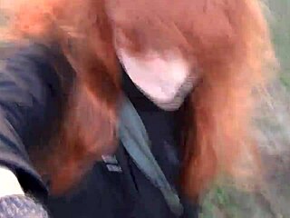the redhead amateur broke her mask while walking in the public park with boots on
