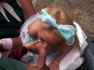 Sexy blonde milf in lingerie rides two cocks while brunette watches.