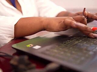 Secrétaire engages in sexy activities with big ass and monster cock in a neutral office setting.