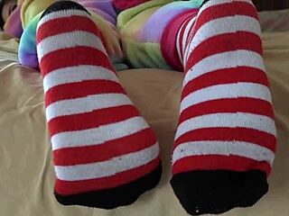 Check out this asian cosplay striptease with ripped clothes and striped socks fetish! 👣