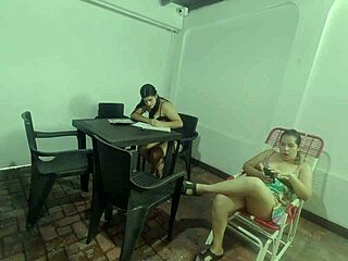 Horny neighbor fucks lesbian hard, sucking ass and tits