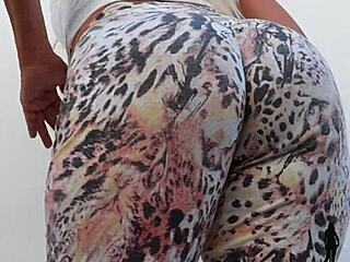 Hot blonde wife rips leggings over her big milf ass and exposes horny pussy