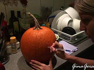 Pumpkin carving with skinny blonde amateurs on halloween webcam