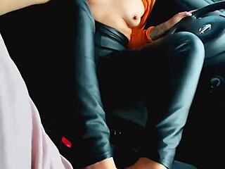 Intense footjob from tattooed taxi girl leads to facial cumshot and cum in mouth.