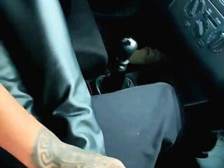 Intense footjob from tattooed taxi girl leads to facial cumshot and cum in mouth.