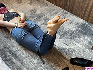 Man, my tied-up stepsister just gave me an unreal oiled footjob!