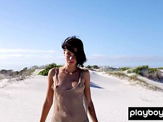 Skinny Ukrainian Lilit Ariel Strips at Beach Slowly