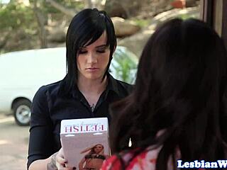 Hey, watch this cute lesbian babe seduce an inked beauty for some hot pussy action!