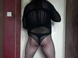 crossdresser enjoys stretching workout