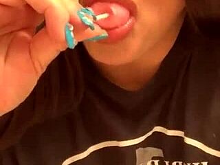 marry diamond giving sloppy blowjob to lollipop with tons of spit