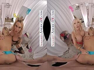 Sarah Jessie shares thick dick with friends in dressing room lingerie