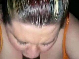 Milf gives sloppy head with face fucking, choking, gagging on monster cock, cum in mouth