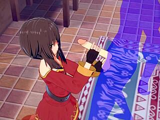 konosuba hentai megumin gives handjob with cumshot on face in japanese anime cosplay