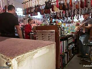 Bound Slut Anal Fucked in Guitar Shop by Group with Monster Cocks in Public Fetish Scene Outdoors