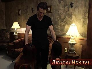 The dominatrix says, 'You youthful tourists are bound and ready for my huge cock punishment!'