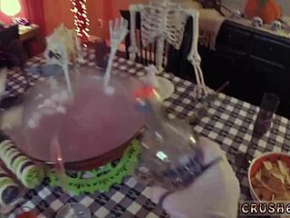 Old lady and teen 18+ enjoy swalloween fun