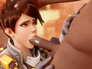 Tracer pays her bet with a sloppy blowjob, ending in a cumshot.