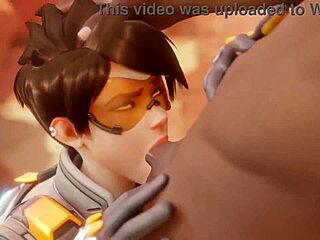 Tracer pays her bet with a sloppy blowjob, ending in a cumshot.