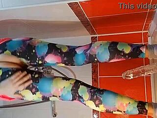 Intense Close-Up Dildo Masturbation in Gym Shower with Pee