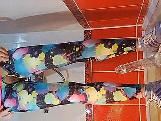 Intense Close-Up Dildo Masturbation in Gym Shower with Pee