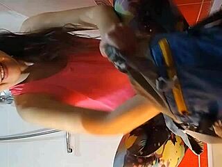 Intense Close-Up Dildo Masturbation in Gym Shower with Pee