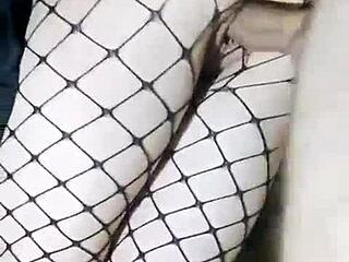 Slender Russian girlfriend in skirt and stockings gets fucked standing with tight pussy and cum inside