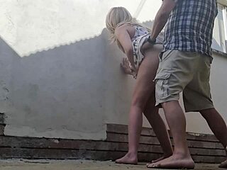 Couple fucks outdoors behind the bed and breakfast restroom