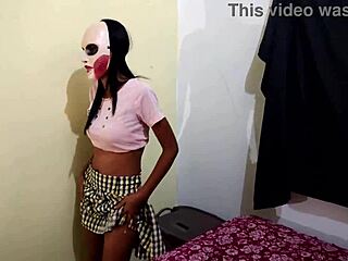 Brunette student skips class for Halloween homemade porn fun