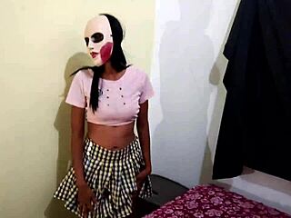 Brunette student skips class for Halloween homemade porn fun