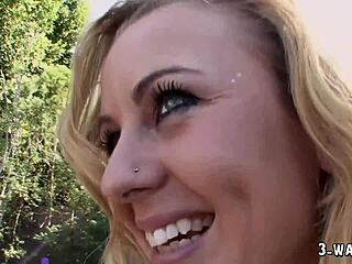 Blonde Cheerleader Fucked Hard Outside by Two Horny Guys