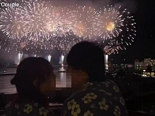 After watching fireworks, she gives an intense handjob in yukata leading to massive cumshot!