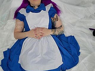 naughty alice in wonderland costume teen rides a big black cock in stockings