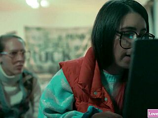 Busty Babe Surrounded By Two Horny Teen Lesbos.