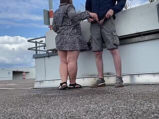 milf spreads legs wide and bends over to pee in parking lot