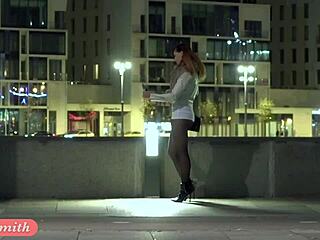 Late night stroll, Jeny Smith flaunts her pussy in see-through tights on the street.