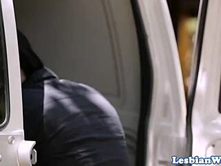 Lesbian babe uses strapon to fuck shaved pussy at home