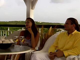 As the blonde eats out the brunette, he walks in and lends a helping hand