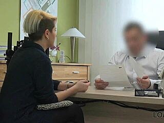 hey, this cute office girl strikes a deal for pussy play and blowjob with her natural tits on display