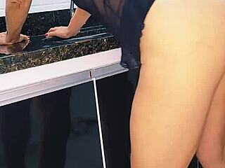 Fucking blonde wife on the sink and cumming inside her pussy